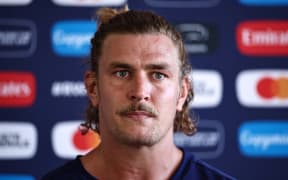 France's lock Bastien Chalureau looks on during a media conference. Rugby World Cup 2023, France.