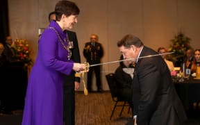 Sir Steve Hansen of Christchurch receives his KNZM for services to rugby from The Governor-General, The Rt Hon Dame Patsy Reddy.