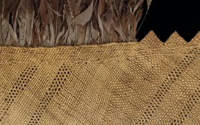 Makers unknown Te Rā [the sail] (detail) c. 1770–1800. Harakeke, kererū, kāhu and kākā feathers, dog skin. On loan from the Trustees of the British Museum. © Whakaarahia anō te rā kaihau Te Rā Project. Photo: Cultural Heritage Imaging