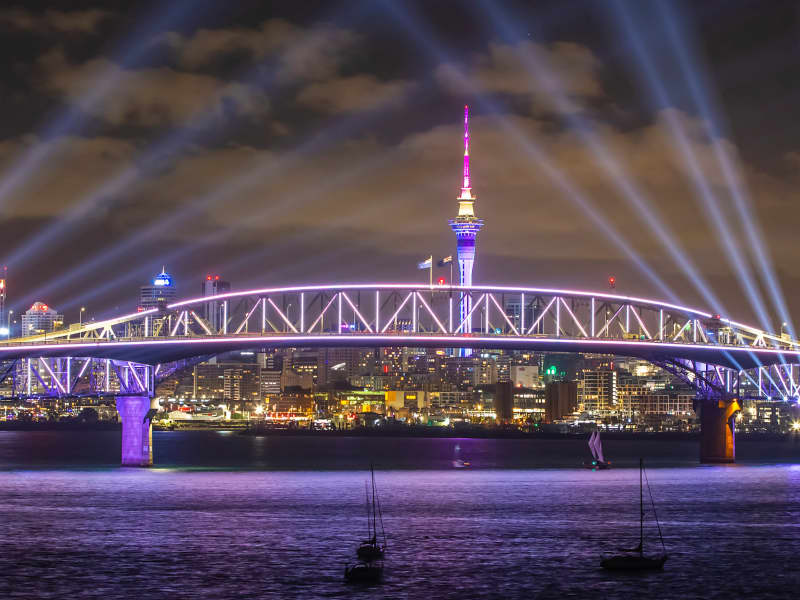 A light display replaced the traditional fireworks display from the Sky Tower in Auckland.