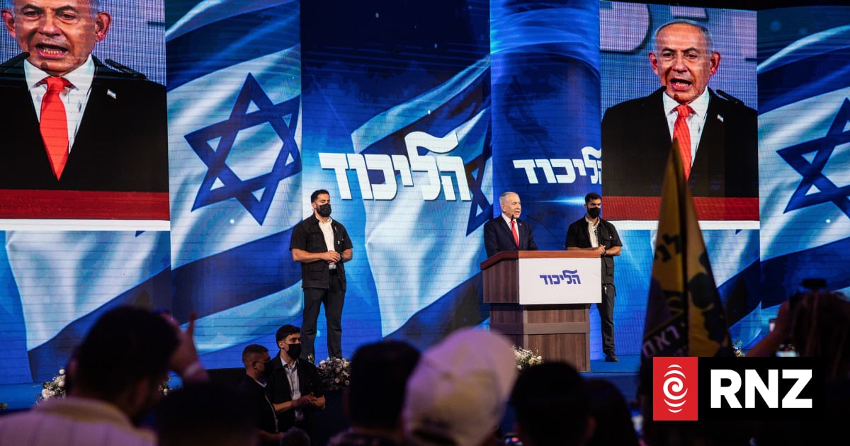 Israeli Prime Minister Benjamin Netanyahu speaks to supporters at the Likud party's election-night event on 28 October in