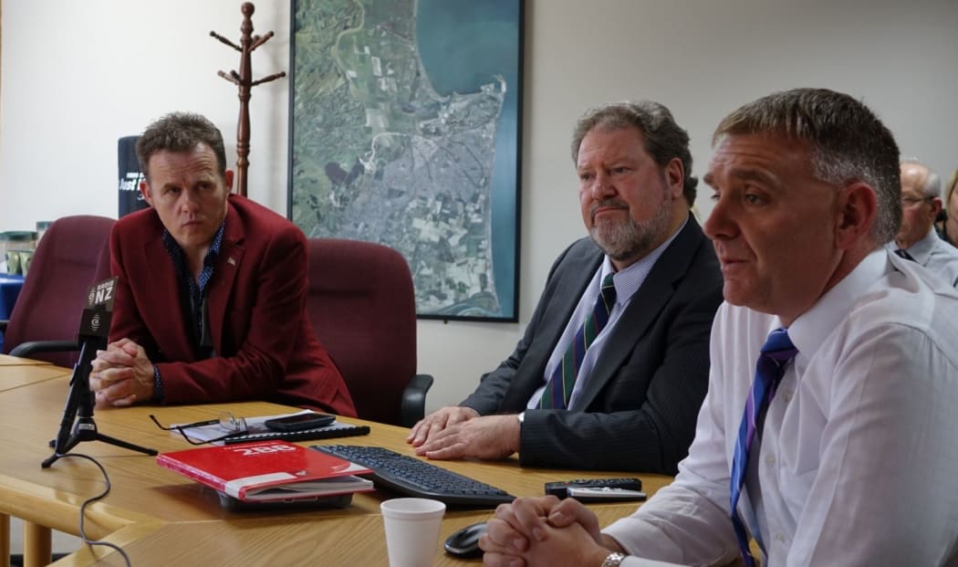 From left, museum director Douglas Lloyd Jenkins, Napier mayor Bill Dalton and council chief executive Wayne Jack at a news conference on Wednesday.