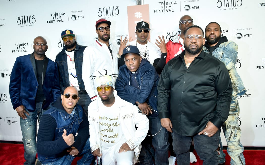 (Rear L-R) Elgin Turer "Masta Killa", Dennis Coles "Ghostaface Killa" Robert Diggs "RZA" Inspectah Deck, Corey Woods " Raekwon", (front L-R) Lamont Hawkins" U-God", Bar-Sun Jones, and DJ Mathematics attend Tribeca TV: Wu-Tang Clan: Of Mics And Men - 2019 Tribeca Film Festival at Beacon Theatre on April 25, 2019 in New York City.