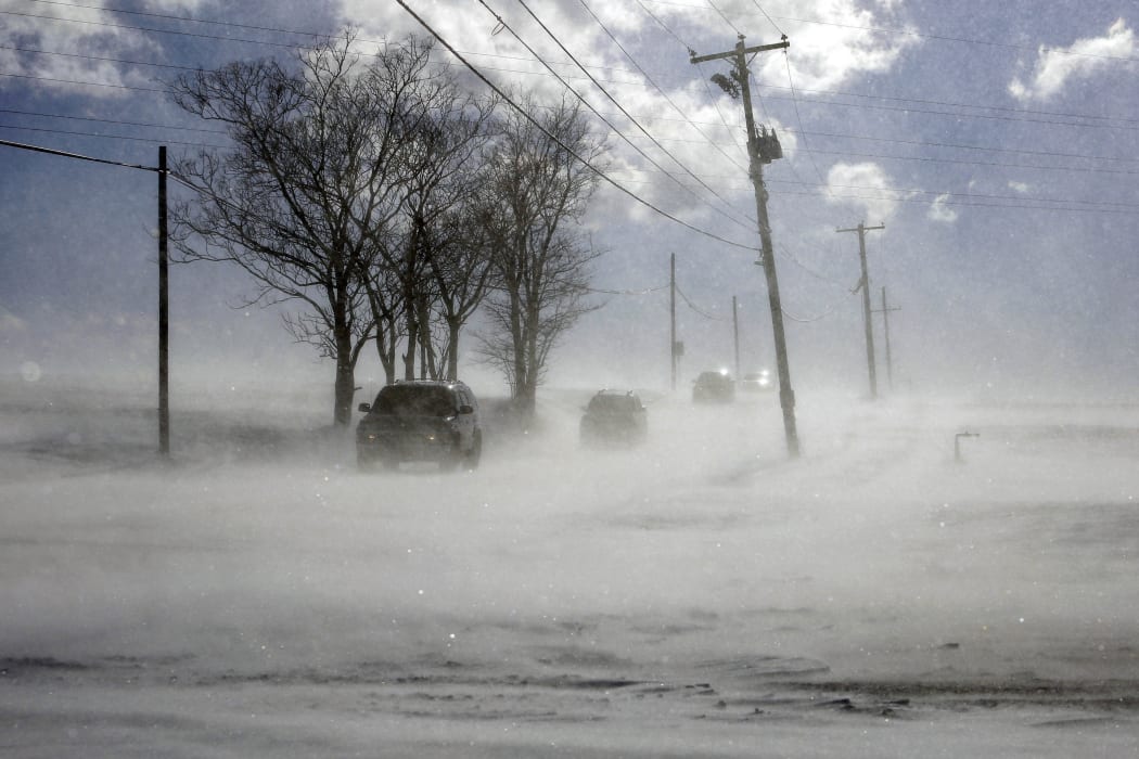 Drifting snow blows across Mount Joy in Lancaster County.