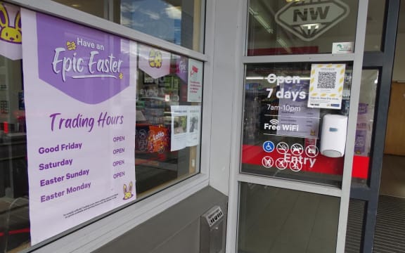 Easter trading hours are advertised at New World supermarket in Wānaka.