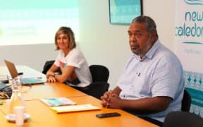 New Caledonia’s tourism minister Mickaël Forrest and Nouvelle-Calédonie Tourisme Director Julie Laronde present 2023 tourism arrivals statistics during a press conference 12 March 2024.