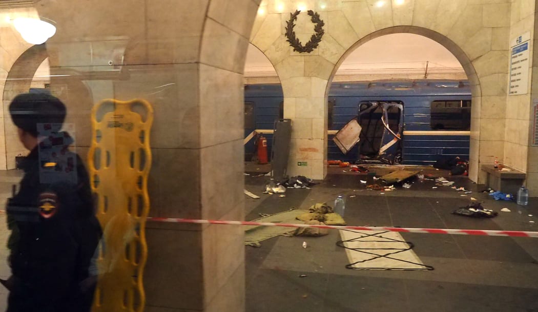 A damaged train carriage at Technological Institute metro station in St Petersburg.