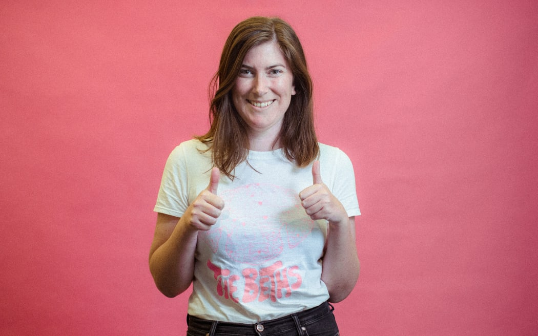 "It's better than Jesse's one!" RNZ In-Depth journalist Kate Newton in her Beths t-shirt