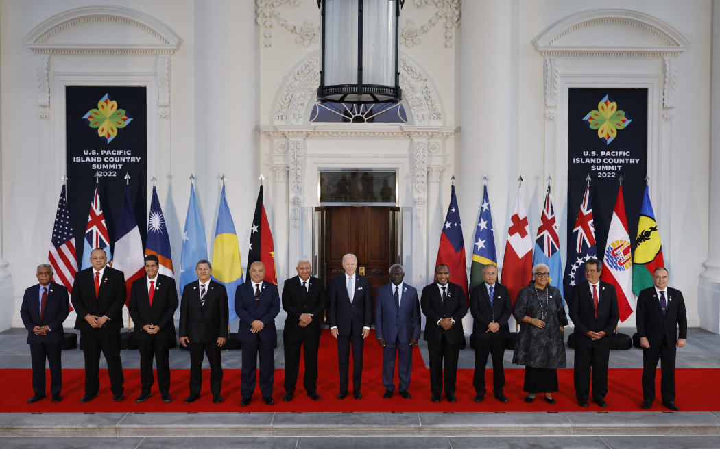 US President Joe Biden (C) and leaders from the Pacific Islands region pose for a photograph on the North Portico of the White House September 29, 2022 in Washington, DC.