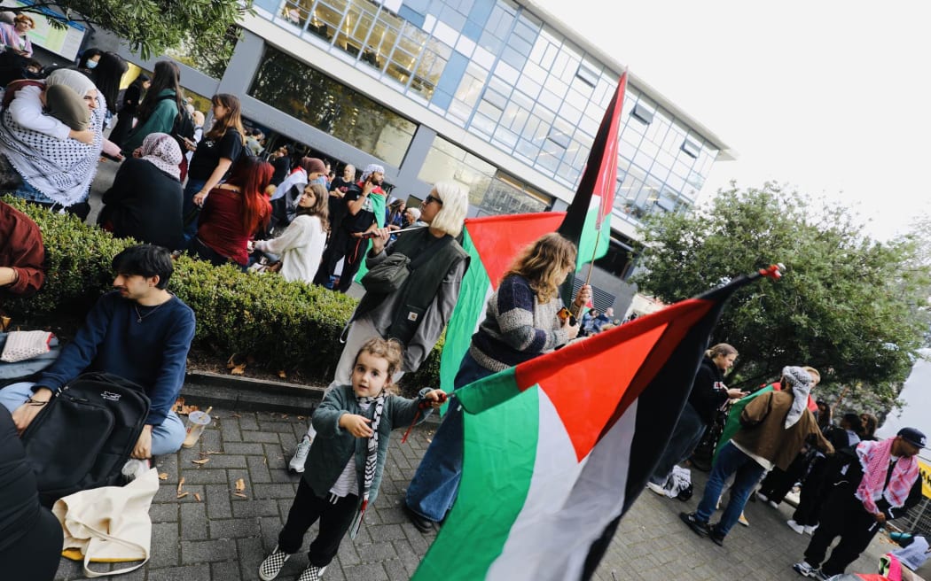 Students gather at Auckland University's city campus to rally against Israel's war in Gaza on 1 May 2024.