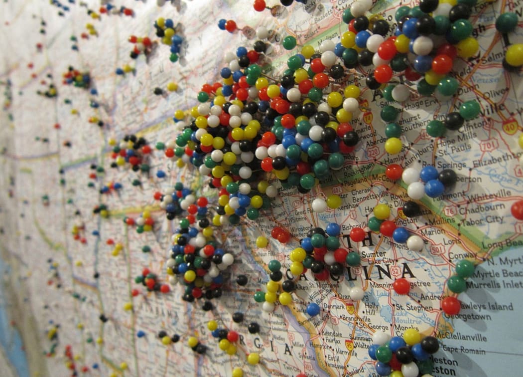 Pins on a map
