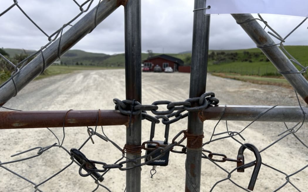 Closed gates at the Mainland Poultry egg farm site at Hillgrove, near Moeraki, this afternoon. Photo: Gregor Richardson