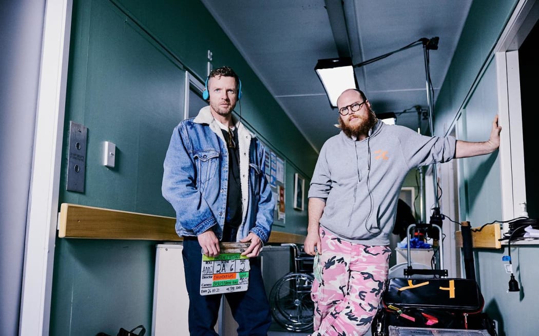Auckland filmmakers Jordan Mark Windsor Sean Wallace (aka THUNDERLIPS) on the set of their short film Help, I'm Alien Pregnant. This low-budget yet low-waste production is a great case study for others, says NZ film sustainability advocate Craig Gainsborough.