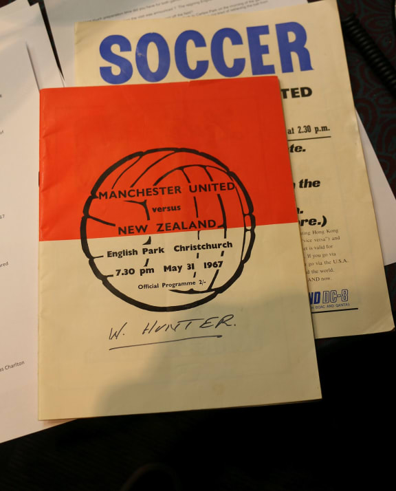 A close-up of Billy Hunter's programme from the Manchester United vs New Zealand game