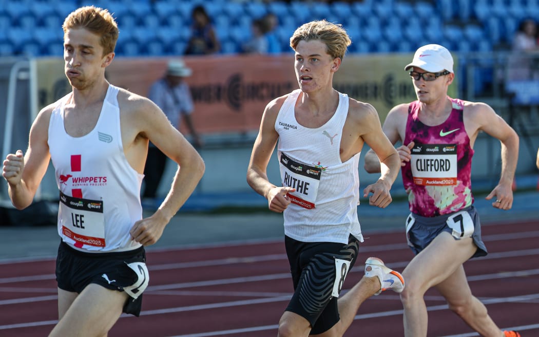 Sam Ruthe grabs 2nd place in the Men's 1500m run during the Sir Graeme Douglas International Athletics Meet at Trusts Arena, Auckland, Sunday 9 February 2025. Copyright Photo: Shane Wenzlick / www.photosport.nz