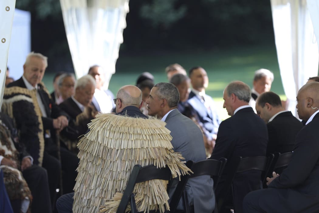 Former US President Barack Obama during this afternoon's pōwhiri.