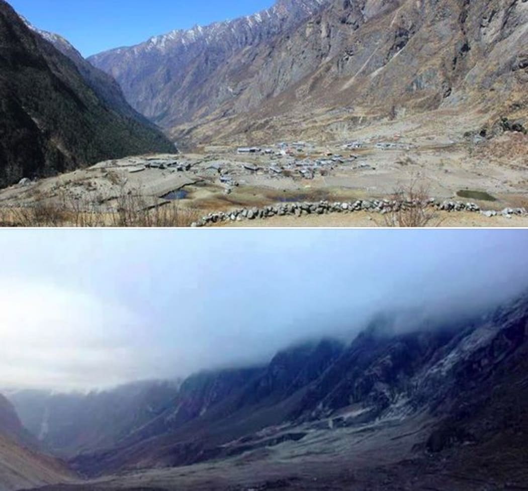 Langtang before (top) and after the earthquake.