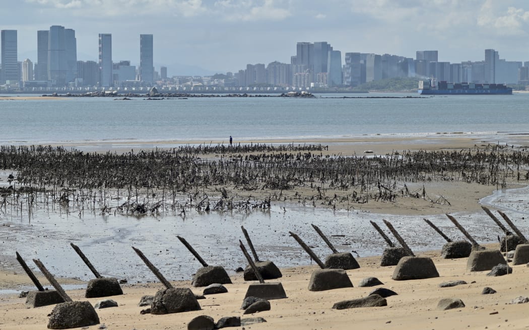 The Xiamen city skyline on the Chinese mainland is seen past anti-landing spikes placed along the coast of Lieyu islet on Taiwan's Kinmen islands, which lie just 3.2 kilometres from the mainland China coast.