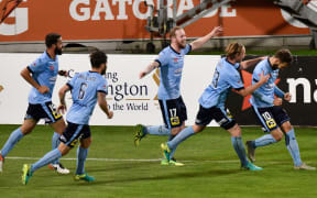 Sydney celebrate their goal during the A-League - Phoenix v Sydney FC football match at Westpac Stadium in Wellington on Sunday the 23rd October 2016.