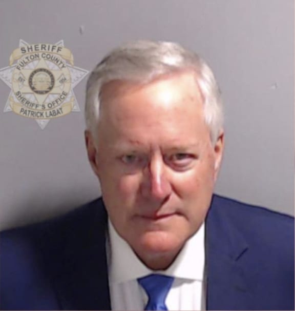 This handout image released by the Fulton County Sheriff's Office on August 24, 2023 shows the booking photo of former US President Donald Trump's White House chief of staff Mark Meadows.