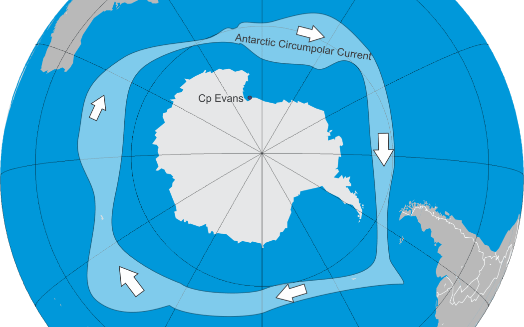 The Antarctic Circumpolar Current, the world's largest ocean current. The map also identifies Cape Evans, a diving spot for researchers.