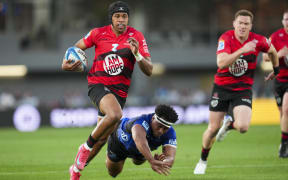 Chay Fihaki try during the Blues v Crusaders Super Rugby Pacific match, Eden Park.