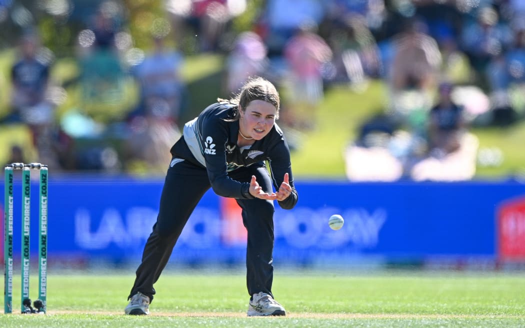 Flora Devonshire of the White Ferns during the T20 cricket match New Zealand White Ferns Vs Sri Lanka at Hadley Oval, Christchurch, New Zealand, 16th March 2025.