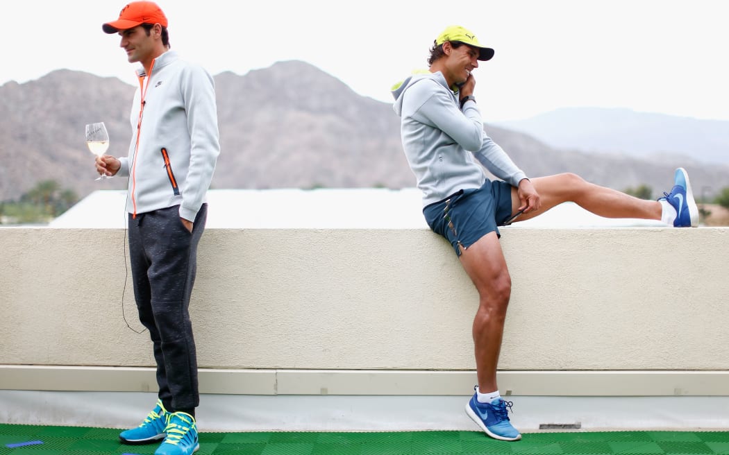 Roger Federer and Rafael Nadal at Indian Wells, 2015.