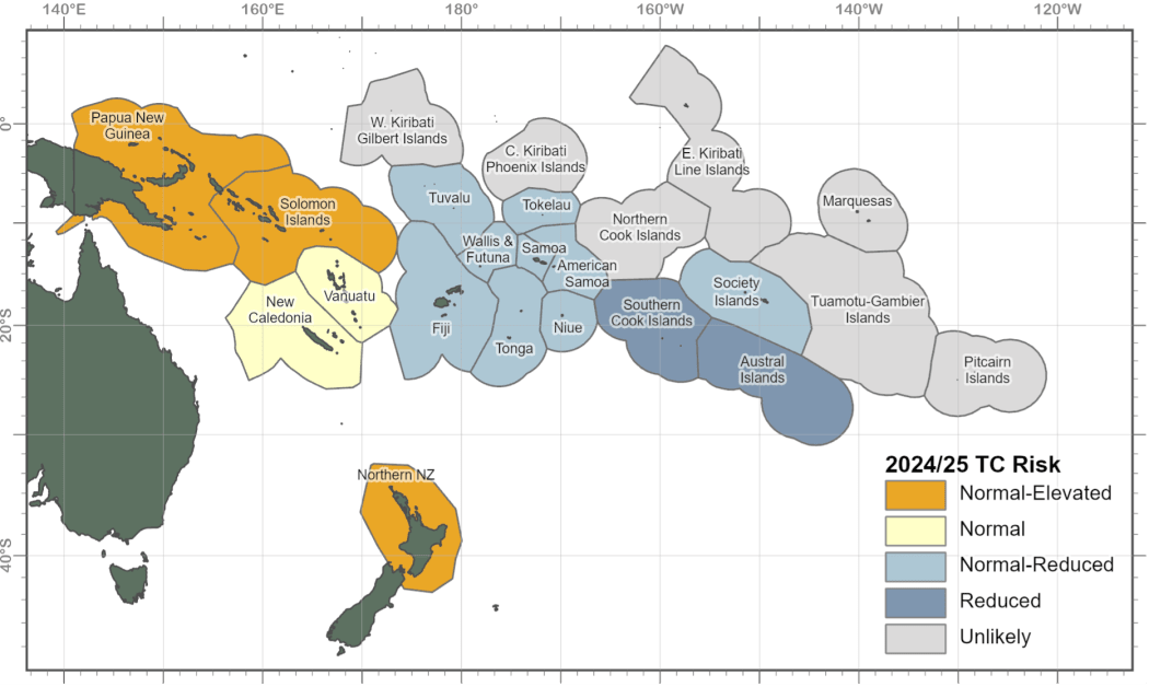 A graphic showing the Niwa/Metservice assessment of the risk that cyclones would to hit the Southwest Pacific basin for November 2024 to April 2025.