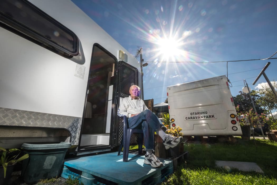 Merv Pearson, 70, outside rented caravan at the Otahuhu Caravan Park.