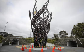 The large flame sculpture Te Ahi Tupua installed on the Hemo roundabout at the southern entrance to Rotorua