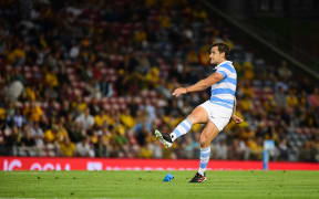 Argentina's Nicolas Sanchez kicks for goal in the 2020 Tri Nations test against the Wallabies at McDonald Jones Stadium, Newcastle, NSW.