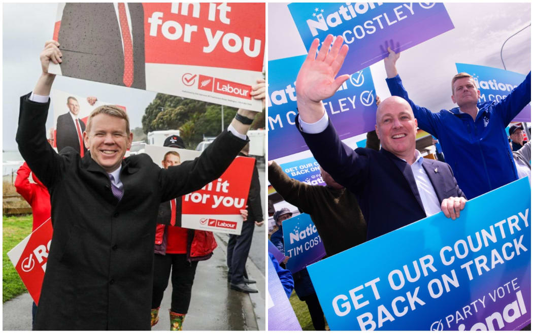 Labour leader Chris Hipkins and National leader Christopher Luxon on the campaign trail.