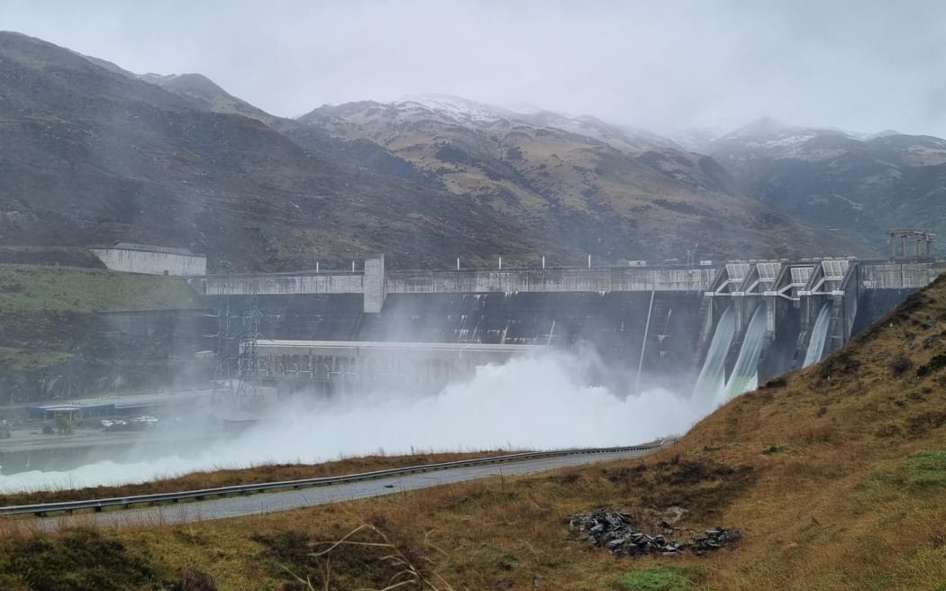 The Clutha River at the Clyde Dam is absolutely pumping following severe weather and heavy rain in the South Island.