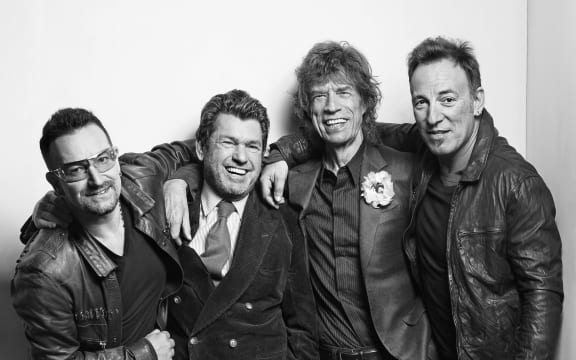 Bono, Jann Wenner, Mick Jagger, and Bruce Springsteen, at the 25th Anniversary of the Rock and Roll Hall of Fame, in 2009.