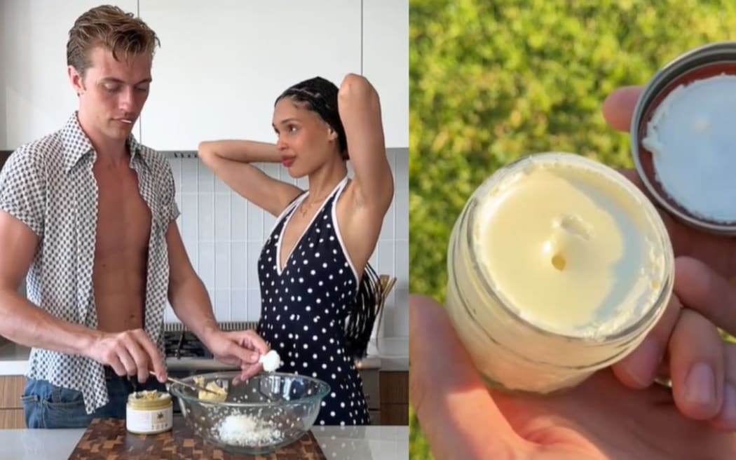 Nara Smith with her husband, Lucky Blue Smith, mixing up homemade sunscreen.