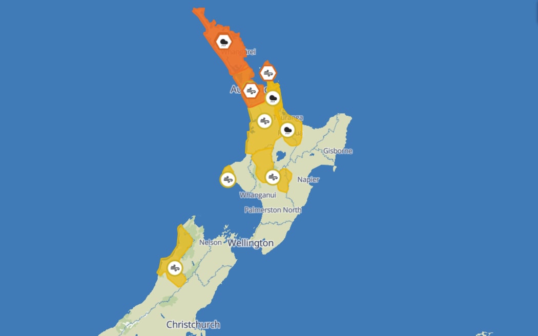 MetService's warnings and watches as of Wednesday morning.