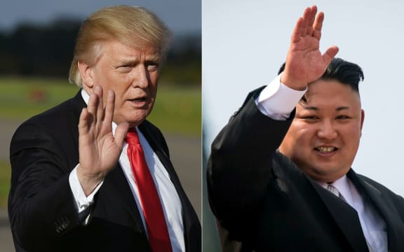 (COMBO) This combination of pictures created on October 1, 2017 shows, US President Donald Trump at Morristown, New Jersey, Municipal Airport on September 15, 2017; and North Korean leader Kim Jong-Un waving following a military parade in Pyongyang on April 15, 2017.