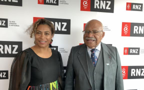 Fiji's first coup leader and former prime minister, Sitveni Rabuka (R), and the deputy leader of his People's Alliance Party, Lyndah Tabuya (L), at Radio New Zealand in Auckland. June 2022