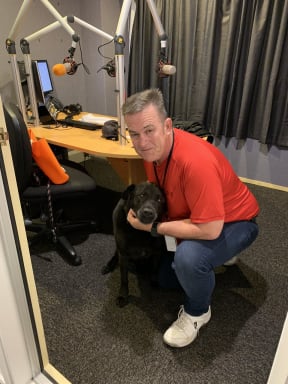 Magic Talk's Sean Plunket and his dog pax in the studio.