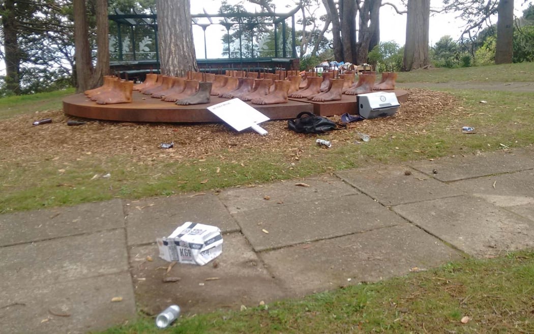 Botanic Garden after an outdoor party on Friday night left Remembrance Ridge covered in rubbish, broken glass and a commemorative World War 1 sculpture damaged.