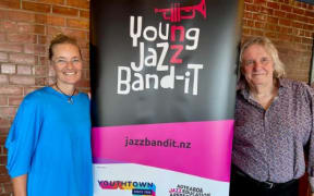 Fay Amaral - Youthtown's chief executive - with Rodger Fox at the Young Jazz Band-it launch