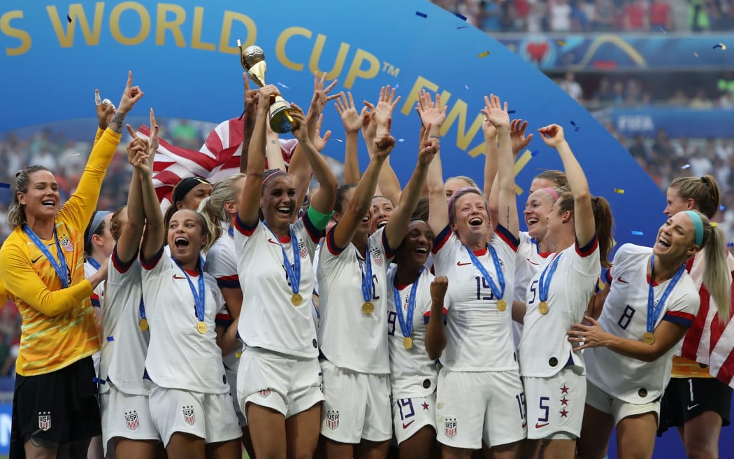 77th July 2019,  Groupama Stadium, Lyon, France; FIFA Womens World Cup final, USA versus Netherlands; Team USA celebrate their final win on the podium