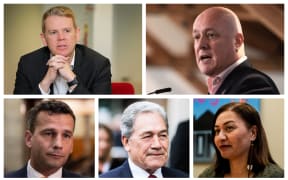 Chris Hipkins, Christopher Luxon, Miranda Davidson, Winston Peters and David Seymour.