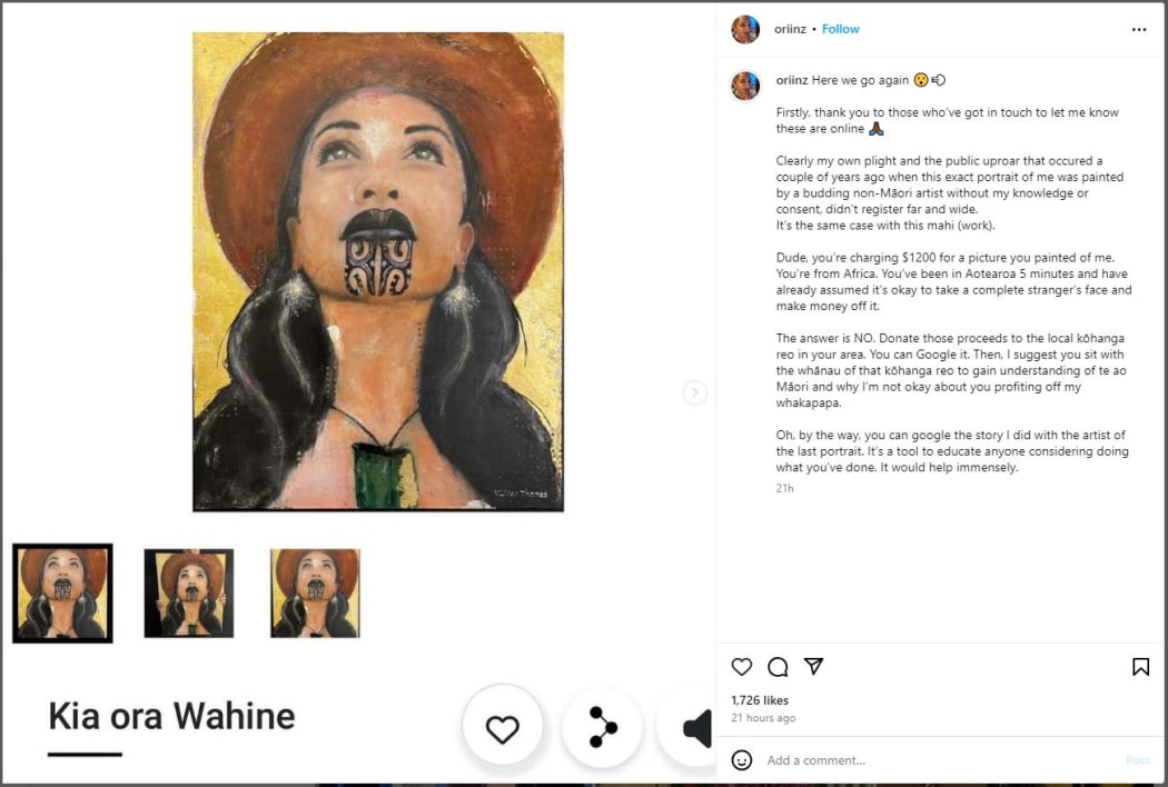 Oriini Kaipara's post on Instagram after finding out a painting of hers was up for sale.
https://www.instagram.com/p/C49Fp5BSXvo/?img_index=1