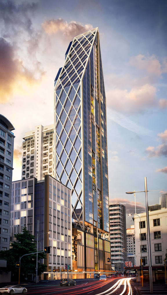 An artist's impression of the planned 52-storey on Auckland's Custom Street.