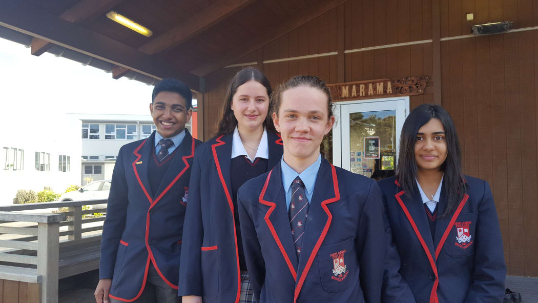 Year 11 students at Newlands College Wellington are nervous but confident about their first NCEA exams. From left are Senuka Sudusinghe, Madi Ulusele, Isaac Andrews, and Isha Bhatnagar.