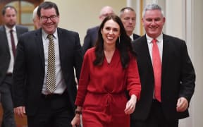 Labour Party leader Jacinda Ardern with MPs Kelvin Davis, right, and Grant  Robertson.