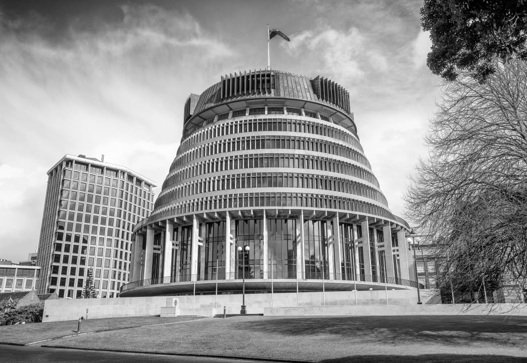 Government buildings including the Beehive on a sunny day. Wellington is one of the major cities of Northern Island.