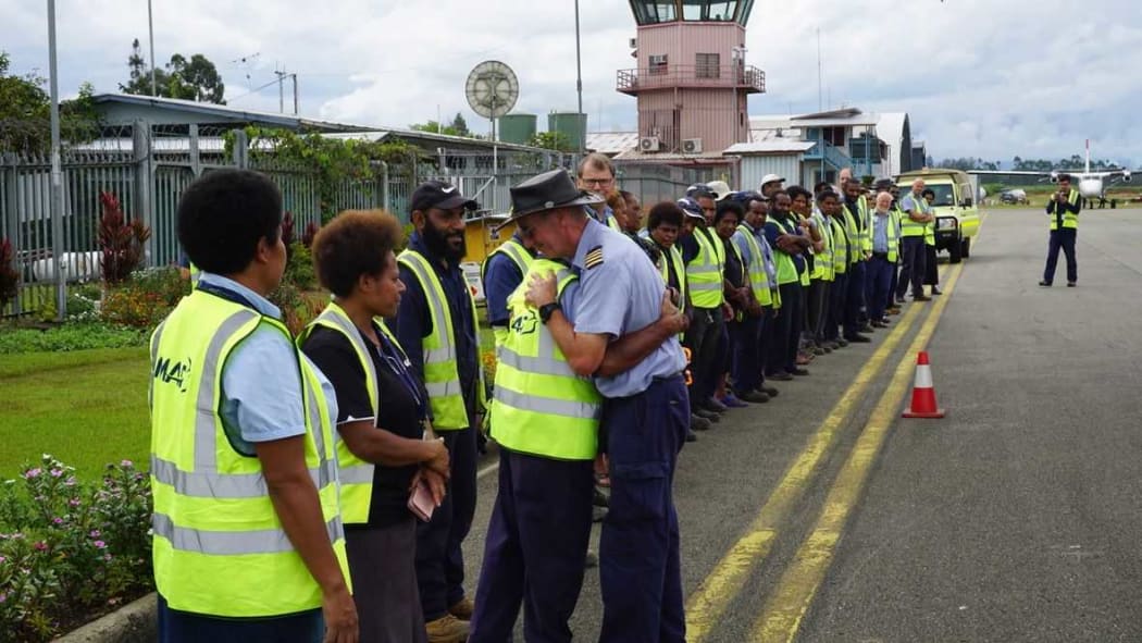 Captain Michael Duncalfe thanked by Mission Aviation Fellowship colleagues and other aviation staff at Mt Hagen's Kagamuga airport. 7 August 2019